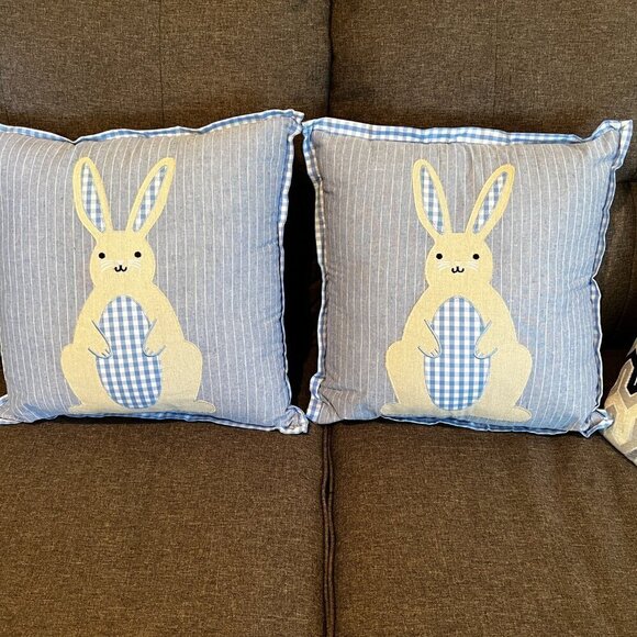 Set of Two 15” Square Bunny Rabbit Pillows Blue Gingham Print With Tails Country - Picture 9 of 9